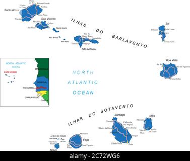 Isole del Capo Verde Mappa vettoriale molto dettagliata con regioni amministrative, città principali e strade. Illustrazione Vettoriale