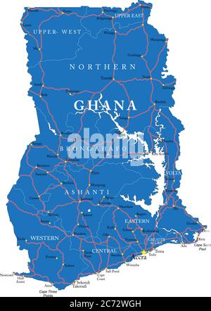 Mappa vettoriale del Ghana con le regioni amministrative, le principali città e le strade. Illustrazione Vettoriale