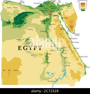Mappa fisica altamente dettagliata dell'Egitto, in formato vettoriale, con tutte le forme di rilievo, le regioni e le grandi città. Illustrazione Vettoriale