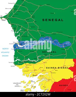 Mappa vettoriale della Gambia con le regioni amministrative, le principali città e le strade. Illustrazione Vettoriale