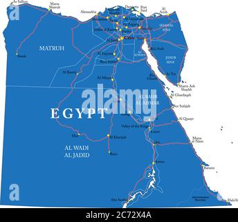 Mappa vettoriale altamente dettagliata dell'Egitto con regioni amministrative, città principali e strade. Illustrazione Vettoriale