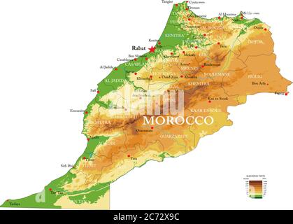 Mappa fisica altamente dettagliata del Mprocco, in formato vettoriale, con tutte le forme di rilievo, le regioni e le grandi città. Illustrazione Vettoriale