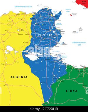 Mappa vettoriale della Tunisia con le regioni amministrative, le principali città e le strade. Illustrazione Vettoriale