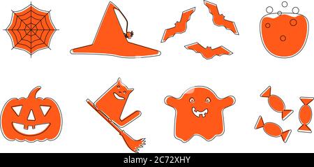 Set di icone brillanti di Halloween. Contorno arancione divertenti icone halloween. Icone stile cartoon fantasma, zucca, scopa, cappello e gatto Illustrazione Vettoriale