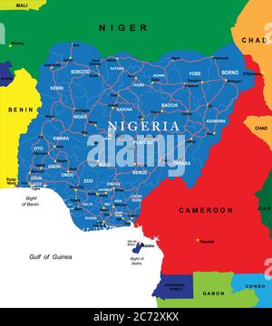 Mappa vettoriale della Nigeria con le regioni amministrative, le principali città e le strade. Illustrazione Vettoriale