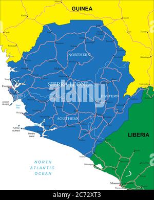 Mappa vettoriale altamente dettagliata della Sierra Leone con regioni amministrative, principali città e strade. Illustrazione Vettoriale