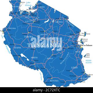 Mappa vettoriale dettagliata della Tanzania con confini nazionali, nomi di contea, strade principali e una silhouette di stato estremamente dettagliata. Illustrazione Vettoriale