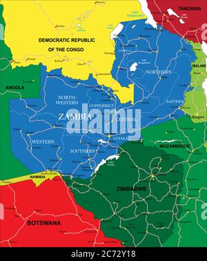 Mappa vettoriale altamente dettagliata dello Zambia con le regioni amministrative, le principali città e le strade. Illustrazione Vettoriale