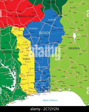 Mappa vettoriale altamente dettagliata del Benin con le principali città e strade. Illustrazione Vettoriale