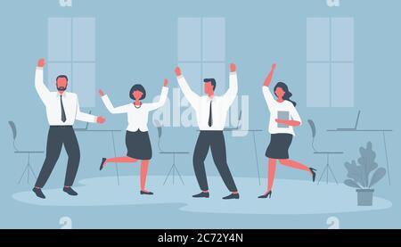 Gli impiegati celebrano la vittoria. I dipendenti felici ballano e saltano. Uomini d'affari nella sala d'ufficio blu. Stile piatto funky. Vettore Illustrazione Vettoriale