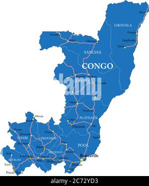 Mappa vettoriale dettagliata della Repubblica del Congo con confini nazionali, nomi di contea, strade principali e una silhouette di stato estremamente dettagliata. Illustrazione Vettoriale