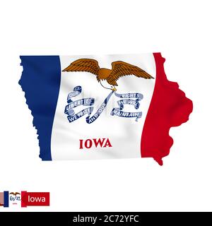 Mappa dello stato dell'Iowa con bandiera ondulata dello stato degli Stati Uniti. Illustrazione vettoriale. Illustrazione Vettoriale