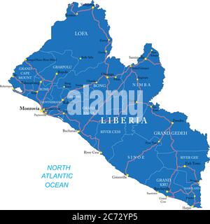 Mappa vettoriale della Liberia con regioni amministrative, città principali e strade Illustrazione Vettoriale