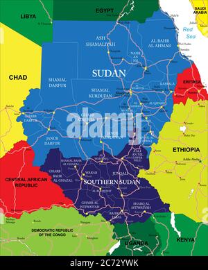 Mappa vettoriale del Sudan con le regioni amministrative, le principali città e le strade. Illustrazione Vettoriale
