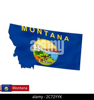 Mappa dello stato del Montana con bandiera ondulata dello stato degli Stati Uniti. Illustrazione vettoriale. Illustrazione Vettoriale