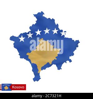 Mappa del Kosovo con bandiera di paese sventolante. Illustrazione vettoriale. Illustrazione Vettoriale