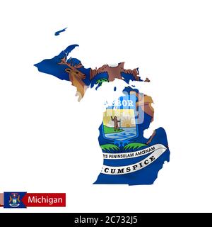 Mappa dello stato del Michigan con bandiera ondulata dello stato degli Stati Uniti. Illustrazione vettoriale. Illustrazione Vettoriale