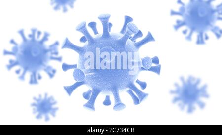 Gruppo di cellule del virus. Illustrazione 3D delle cellule di Coronavirus isolate su sfondo bianco Foto Stock