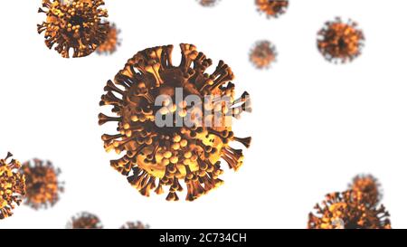 Cellule al microscopio. Cellule di coronavirus isolate su sfondo bianco. Immagine 3d del virus Covid-19 Foto Stock