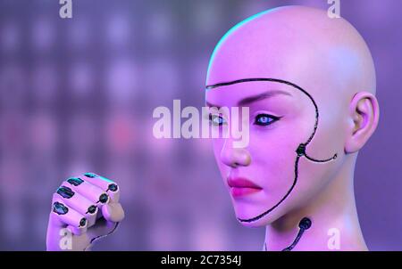 Robot femminile faccia e mano - rendering 3d Foto Stock