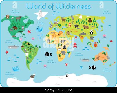 World of Wilderness - mappa dei continenti con fauna selvatica tipica. Animali divertenti. Tappeto per bambini o poster a parete. Illustrazione vettoriale. Illustrazione Vettoriale