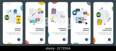 Set di icone di progettazione piatta concettuale per revisione, feedback, clienti, assistenza a contratto. UX, kit template vettoriale UI per web design, applicazioni, int. Mobile Illustrazione Vettoriale
