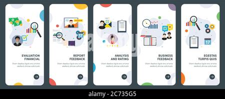 Set di icone di progettazione piatta concettuale per valutazione, finanza, feedback, report e business. UX, kit template vettoriale UI per web design, applicazioni Illustrazione Vettoriale