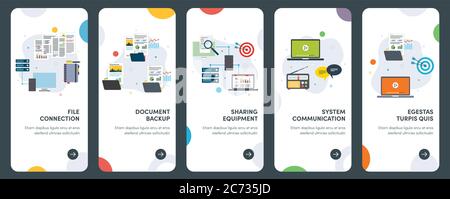 Set di icone di progettazione piatta concettuale per connessione, backup, condivisione, comunicazione, file. UX, UI Vector template kit per web design, applicazioni, mobil Illustrazione Vettoriale
