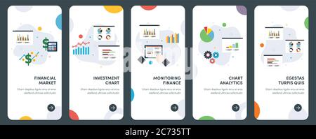 Set di icone di progettazione piatta concettuale per investimenti, grafici, finanziari, di mercato, finanziari, di crescita. UX, kit template vettoriale UI per web design, applicazioni, m Illustrazione Vettoriale