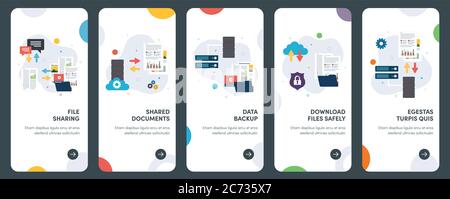 Set di icone di progettazione piatta concettuale per backup, condivisione, database, sicurezza, file e documenti. UX, UI Vector template kit per web design, applicazioni, MOB Illustrazione Vettoriale