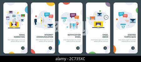 Set di icone di design piatto per e-mail, marketing, messaggi e comunicazioni. UX, UI Vector template kit per web design, applicazioni, mobile in Illustrazione Vettoriale