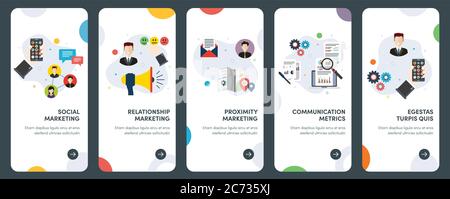 Set di icone di design piatto per il marketing, la comunicazione, i social media e le metriche. UX, UI Vector template kit per web design, applicazioni, mobi Illustrazione Vettoriale