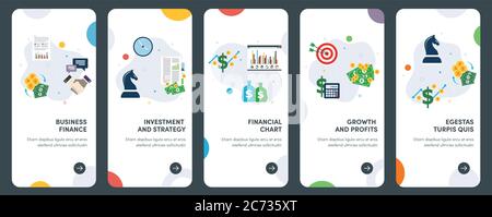 Insieme di icone di progettazione piatta di concetto di business, finanza, investimenti, strategia e crescita. UX, UI Vector template kit per web design, applicazioni, mobil Illustrazione Vettoriale