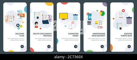 Insieme di icone di progettazione piatta concettuale per dati, eliminazione, informazioni, file e cestino del computer. UX, UI Vector template kit per web design, applicazioni, MOB Illustrazione Vettoriale