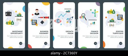 Set di icone di progettazione piatta concettuale per investimenti, crescita, finanza, visione, decisione. UX, UI Vector template kit per web design, applicazioni Illustrazione Vettoriale