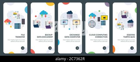 Set di icone di progettazione piatta concettuale per file, trasferimento, dati, backup e condivisione di computer. UX, UI Vector template kit per web design, applicazioni, mobi Illustrazione Vettoriale
