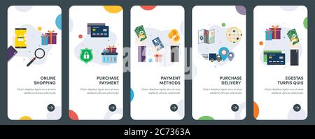 Set di icone di design piatto per acquisti, e-commerce, consegna, valutazione, acquisto. UX, UI Vector template kit per web design, applicazioni, Illustrazione Vettoriale