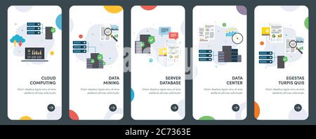 Set di icone di progettazione piatta concettuale per cloud computing, data mining, server, database. UX, kit template vettoriale UI per web design, applicazioni, interf mobile Illustrazione Vettoriale