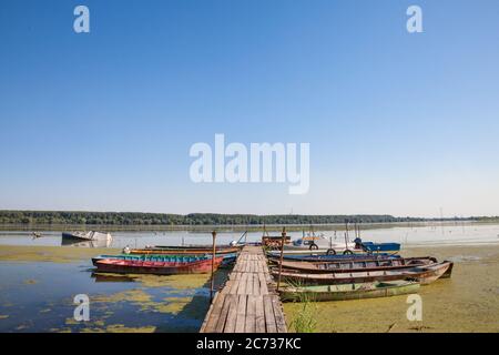 Vecchie barche anchord su un pontile in rovina sul Danubio in Serbia, durante un pomeriggio di sole. Il Danubio è il fiume più grande dell'Europa centrale. Panoramica Foto Stock