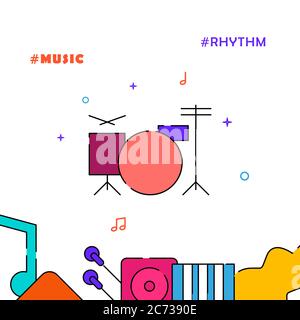 Tamburi, kit tamburo, icona vettore di linea riempito con il batterista, illustrazione semplice, bordo inferiore relativo. Illustrazione Vettoriale