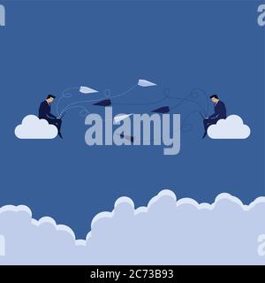 Due uomini d'affari siedono sul cloud inviano messaggi l'uno all'altro dal laptop. Illustrazione Vettoriale