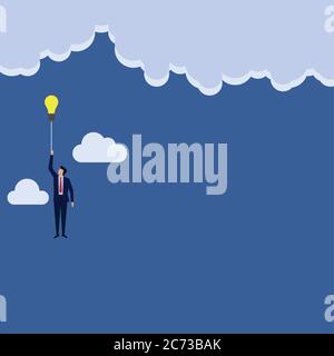 Uomo d'affari vola con idea palloncino alla nuvola. Modello pagina di destinazione aziendale. Illustrazione Vettoriale