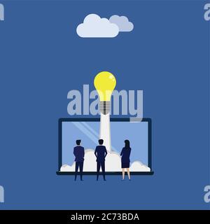 Tre uomini d'affari e una donna vedono l'idea di lanciare dal laptop al cloud internet. Modello pagina di destinazione aziendale. Illustrazione Vettoriale