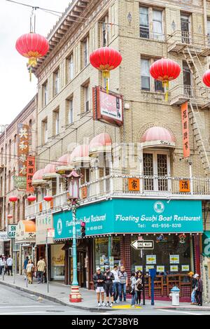 San Francisco California, Chinatown, quartiere di Grant Street, kanji, Street scene, angolo, semaforo, luci, ristorante ristoranti, cibo, caffè, se Foto Stock