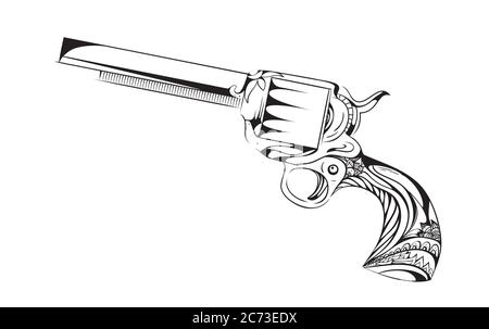 Revolver disegnato a mano con pattern boho. Elemento vintage vettoriale per il disegno del tatuaggio stampato su una T-shirt, cartoline e la tua creatività Illustrazione Vettoriale