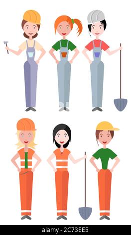 Set di illustrazioni vettoriali piatte donne lavoratori e costruttori. Elementi per il tuo design e infografica Illustrazione Vettoriale