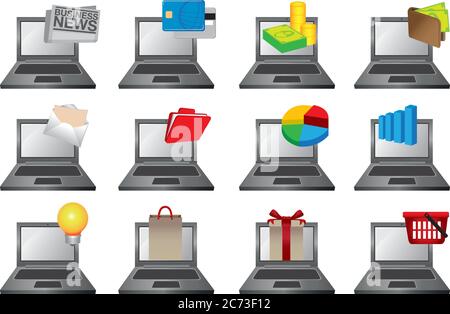 Illustrazione vettoriale di computer portatili con icone colorate di diversi software e applicazioni per uso personale, aziendale e commerciale Illustrazione Vettoriale
