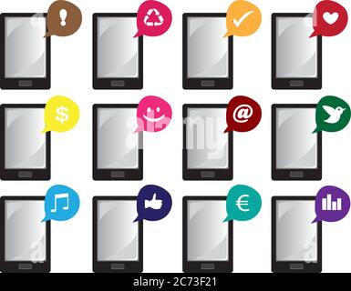 Smartphone wireless con diverse icone Internet per applicazioni in palloncini vocali. Insieme di icone vettoriali isolate su sfondo bianco. Illustrazione Vettoriale