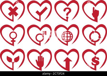 Illustrazione vettoriale di simboli e icone nel riquadro a forma di cuore. Illustrazione Vettoriale
