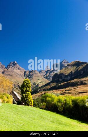 Drakensberg, hotel Cathedral Peak, giardino e montagne, riserva di caccia del Giants Castle, distretto di Uthukela, provincia di KwaZulu-Natal, Sudafrica, Africa Foto Stock